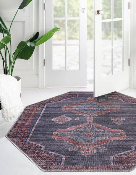 Washable Charcoal and Gray 5' 3 x 5' 3 Sisu Octagon Area Rug Easy to Clean Stain Resistant & Durable Polyester Chenille Distressed Vintage Look Carpet for Sale at Rug Engine