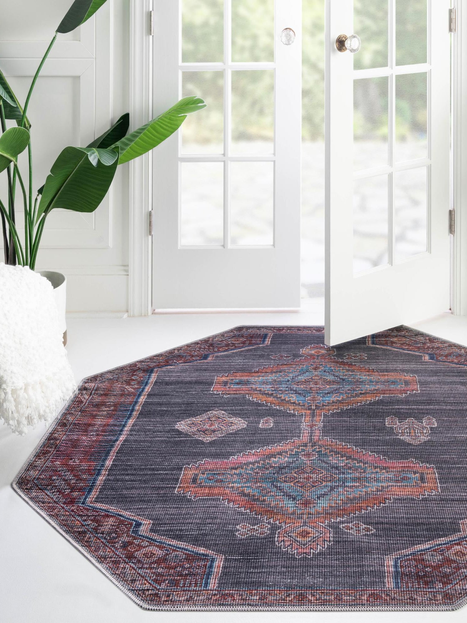 Washable Charcoal and Gray 7' 10 x 7' 10 Sisu Octagon Area Rug Easy to Clean Stain Resistant & Durable Polyester Chenille Distressed Vintage Look Carpet for Sale at Rug Engine