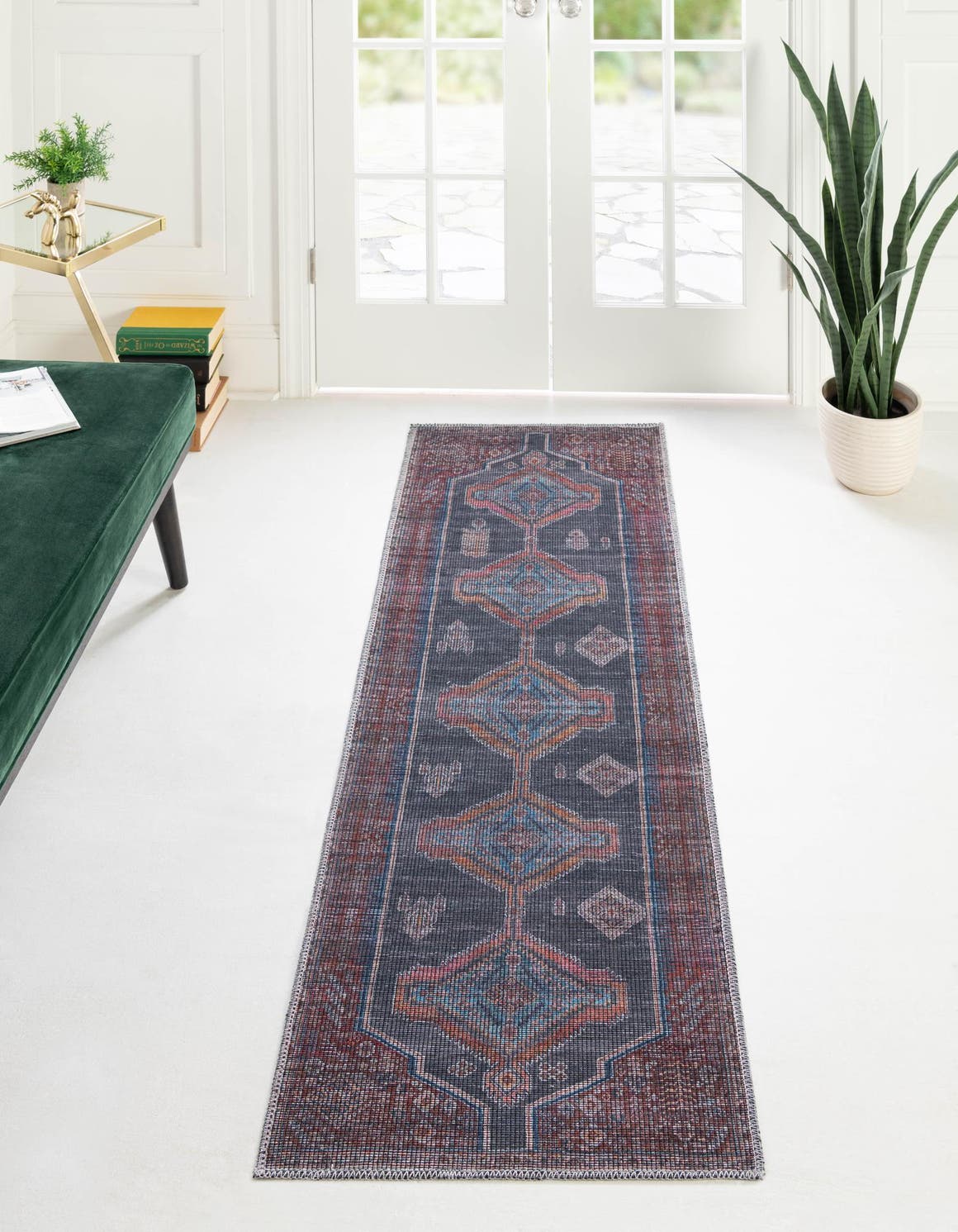 Washable Charcoal and Gray 2' 7 x 14' 1 Sisu Runner Area Rug Easy to Clean Stain Resistant & Durable Polyester Chenille Distressed Vintage Look Carpet for Sale at Rug Engine