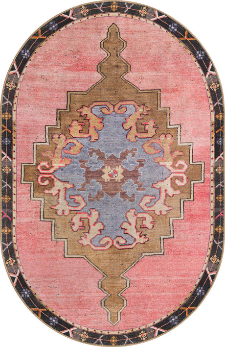 Washable Pink 4' x 6' Timeless Oval Area Rug Easy to Clean Stain Resistant & Durable Traditional Classic Vintage Design Carpet for Sale at Rug Engine