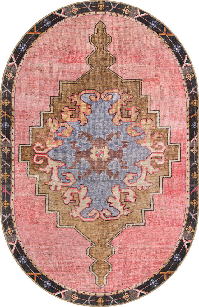 Washable Pink 4' x 6' Timeless Oval Area Rug Easy to Clean Stain Resistant & Durable Traditional Classic Vintage Design Carpet for Sale at Rug Engine