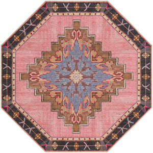 Washable Pink 5' x 5' Timeless Octagon Area Rug Easy to Clean Stain Resistant & Durable Traditional Classic Vintage Design Carpet for Sale at Rug Engine