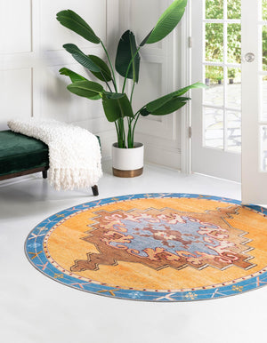 Washable Orange 3' 6 x 3' 6 Timeless Round Area Rug Easy to Clean Stain Resistant & Durable Traditional Classic Vintage Design Carpet for Sale at Rug Engine