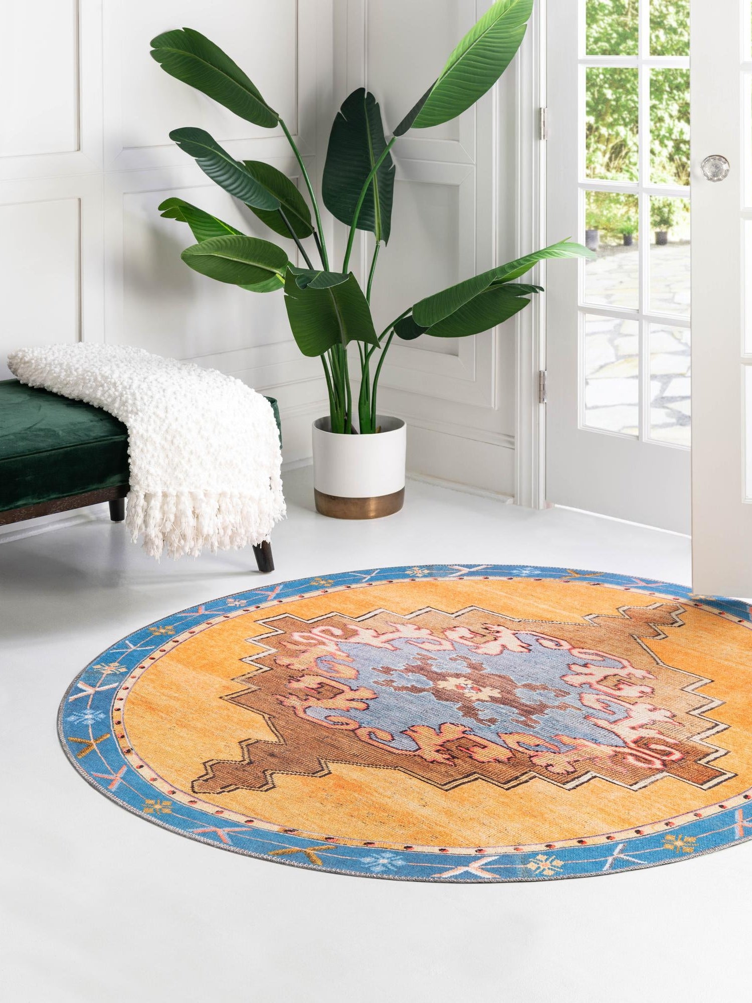 Washable Orange 7' 7 x 7' 7 Timeless Round Area Rug Easy to Clean Stain Resistant & Durable Traditional Classic Vintage Design Carpet for Sale at Rug Engine
