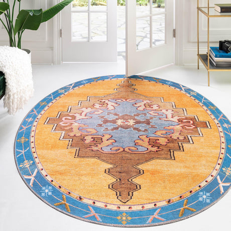 Washable Orange 3' 6 x 3' 6 Timeless Round Area Rug Easy to Clean Stain Resistant & Durable Traditional Classic Vintage Design Carpet for Sale at Rug Engine
