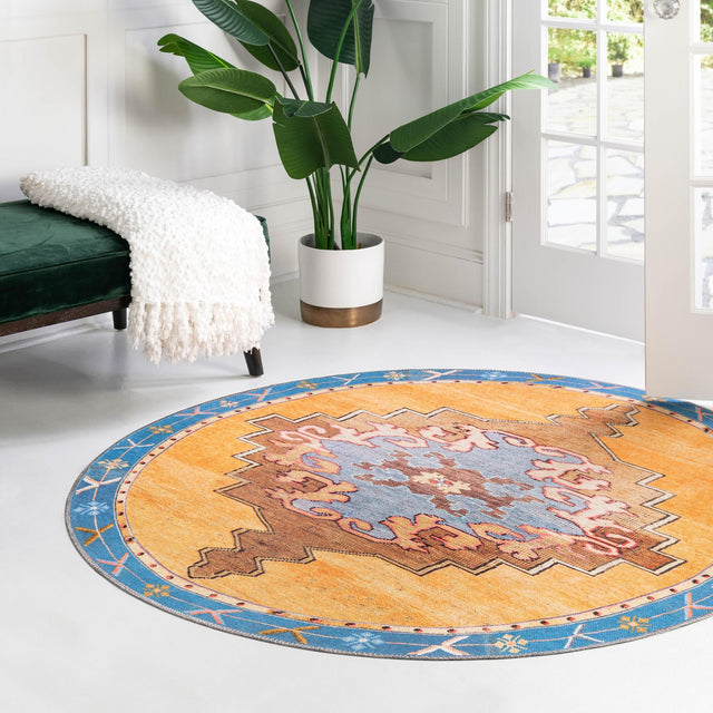 Washable Orange 3' 6 x 3' 6 Timeless Round Area Rug Easy to Clean Stain Resistant & Durable Traditional Classic Vintage Design Carpet for Sale at Rug Engine