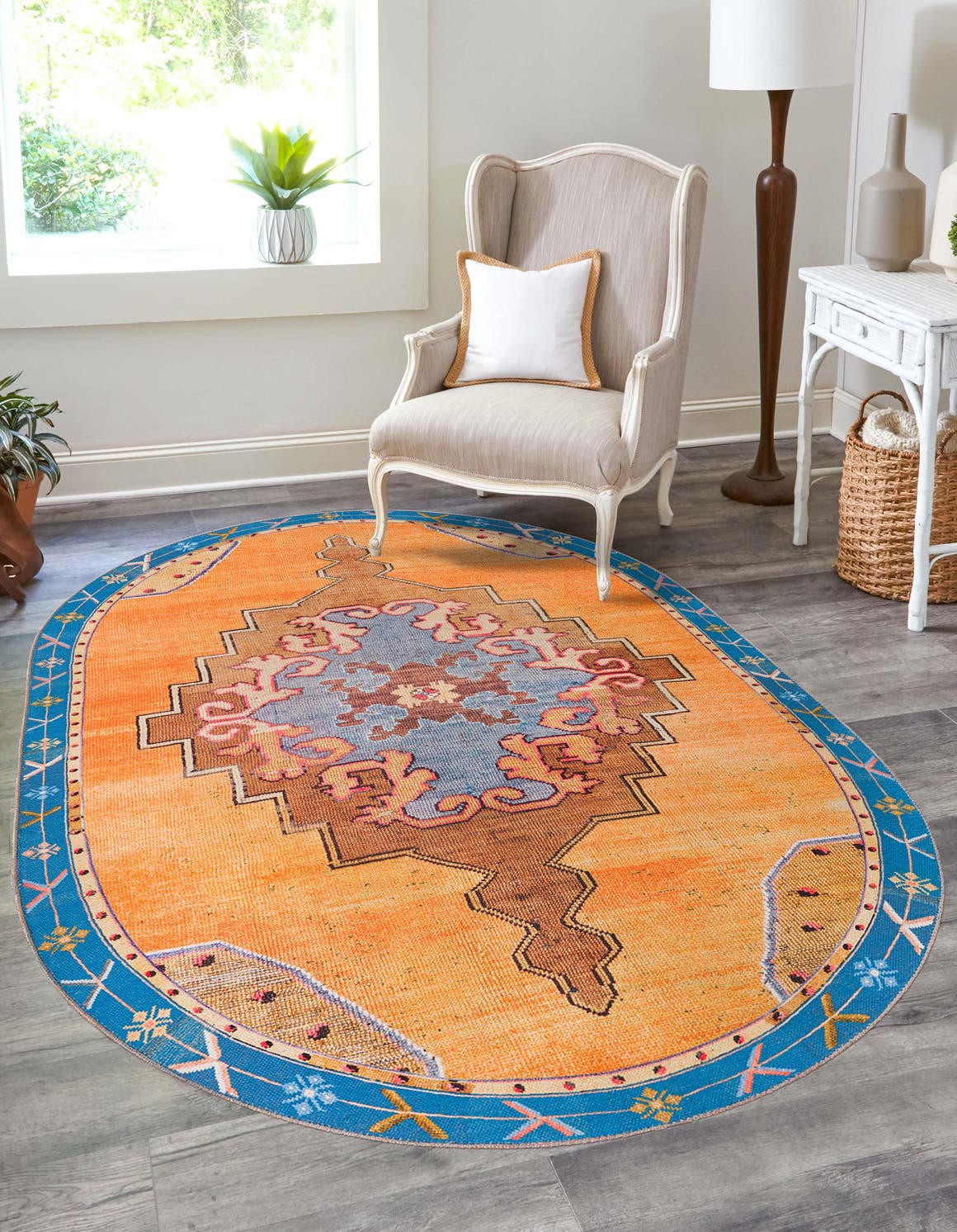 Washable Orange 4' x 6' Timeless Oval Area Rug Easy to Clean Stain Resistant & Durable