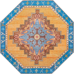 Washable Orange 5' x 5' Timeless Octagon Area Rug Easy to Clean Stain Resistant & Durable Traditional Classic Vintage Design Carpet for Sale at Rug Engine