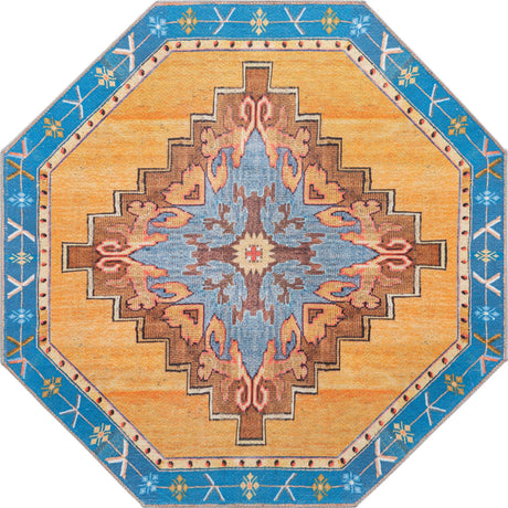 Washable Orange 5' x 5' Timeless Octagon Area Rug Easy to Clean Stain Resistant & Durable Traditional Classic Vintage Design Carpet for Sale at Rug Engine