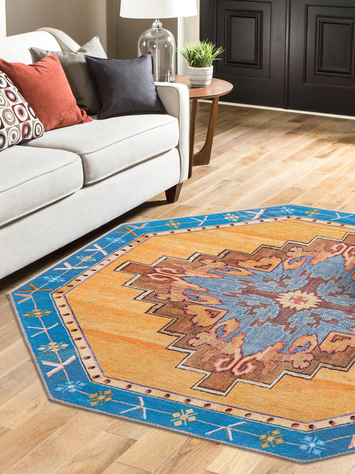 Washable Orange 7' 6 x 7' 6 Timeless Octagon Area Rug Easy to Clean Stain Resistant & Durable Traditional Classic Vintage Design Carpet for Sale at Rug Engine