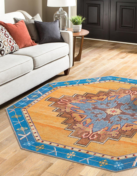 Washable Orange 7' 6 x 7' 6 Timeless Octagon Area Rug Easy to Clean Stain Resistant & Durable Traditional Classic Vintage Design Carpet for Sale at Rug Engine
