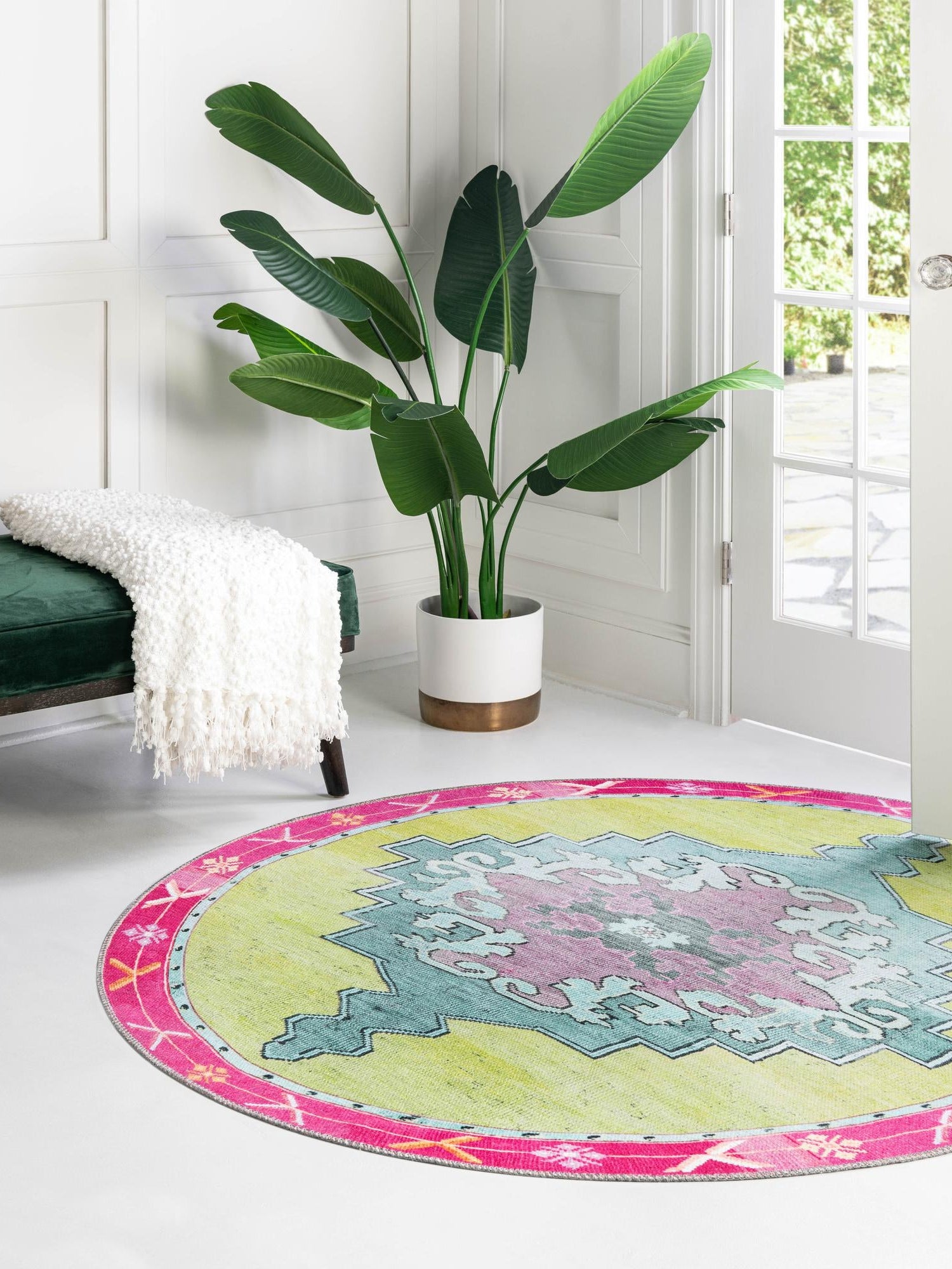 Washable Green 3' 6 x 3' 6 Timeless Round Area Rug Easy to Clean Stain Resistant & Durable Traditional Classic Vintage Design Carpet for Sale at Rug Engine