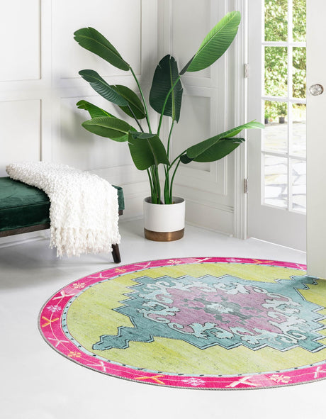 Washable Green 3' 6 x 3' 6 Timeless Round Area Rug Easy to Clean Stain Resistant & Durable Traditional Classic Vintage Design Carpet for Sale at Rug Engine