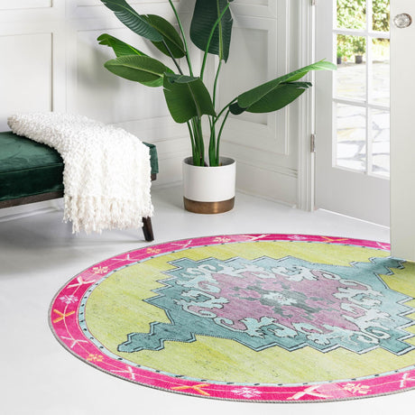 Washable Green 7' 7 x 7' 7 Timeless Round Area Rug Easy to Clean Stain Resistant & Durable Traditional Classic Vintage Design Carpet for Sale at Rug Engine