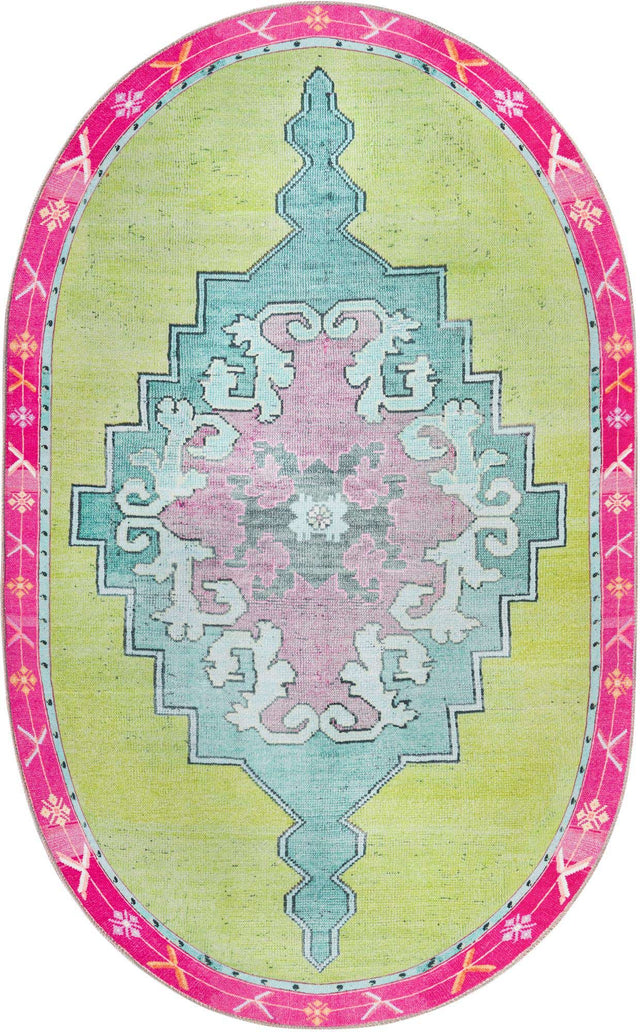 Washable Green 5' x 8' Timeless Oval Area Rug Easy to Clean Stain Resistant & Durable Traditional Classic Vintage Design Carpet for Sale at Rug Engine