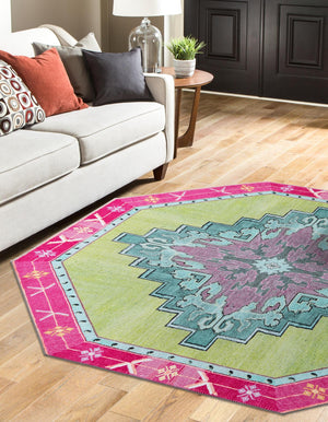 Washable Green 5' x 5' Timeless Octagon Area Rug Easy to Clean Stain Resistant & Durable Traditional Classic Vintage Design Carpet for Sale at Rug Engine