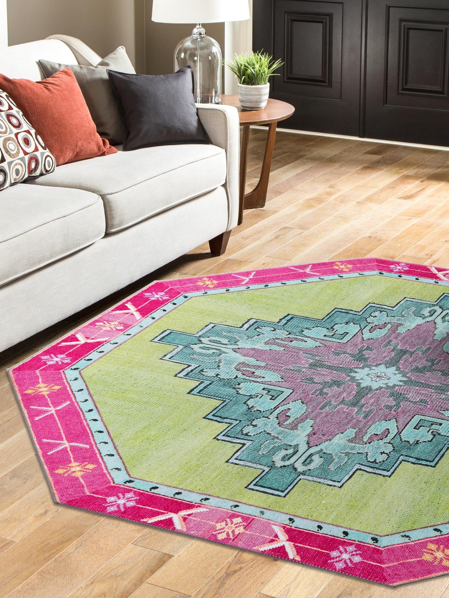 Washable Green 7' 6 x 7' 6 Timeless Octagon Area Rug Easy to Clean Stain Resistant & Durable Traditional Classic Vintage Design Carpet for Sale at Rug Engine