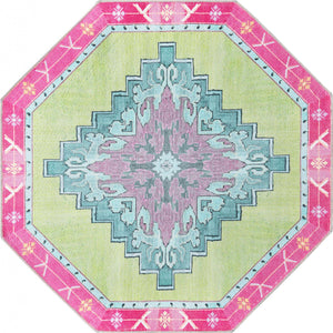 Washable Green 5' x 5' Timeless Octagon Area Rug Easy to Clean Stain Resistant & Durable Traditional Classic Vintage Design Carpet for Sale at Rug Engine