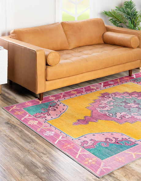 Washable Yellow 5' x 8' Timeless Rectangle Area Rug Easy to Clean Stain Resistant & Durable Traditional Classic Vintage Design Carpet for Sale at Rug Engine