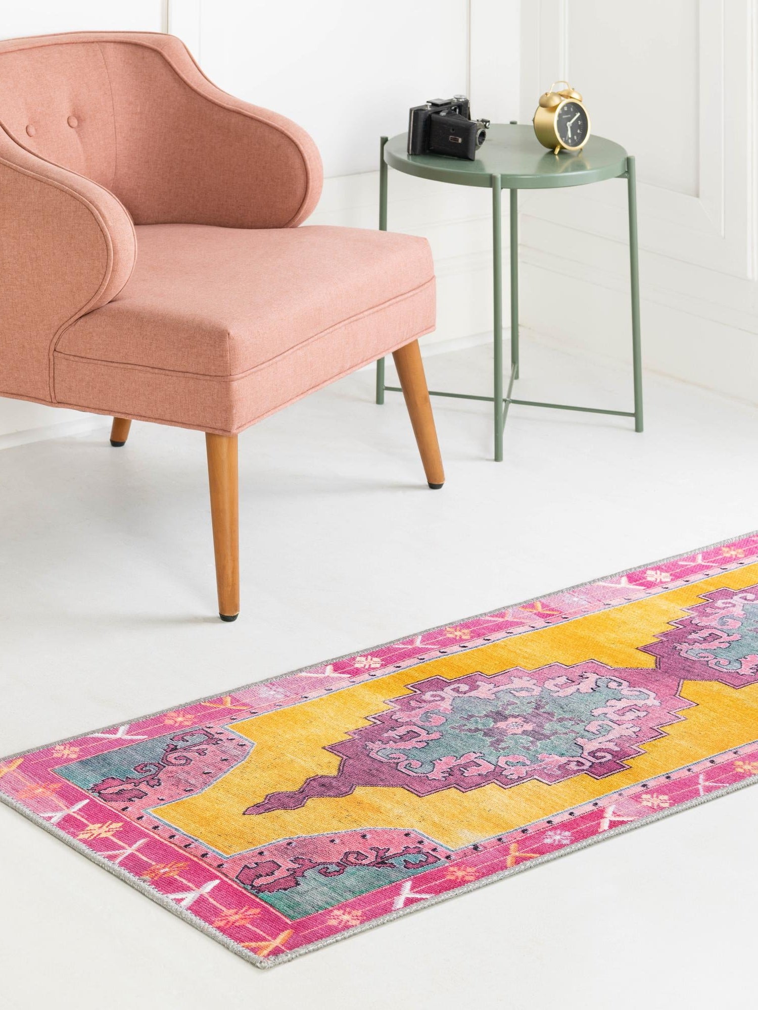Washable Yellow 2' 6 x 12' Timeless Runner Area Rug Easy to Clean Stain Resistant & Durable Traditional Classic Vintage Design Carpet for Sale at Rug Engine