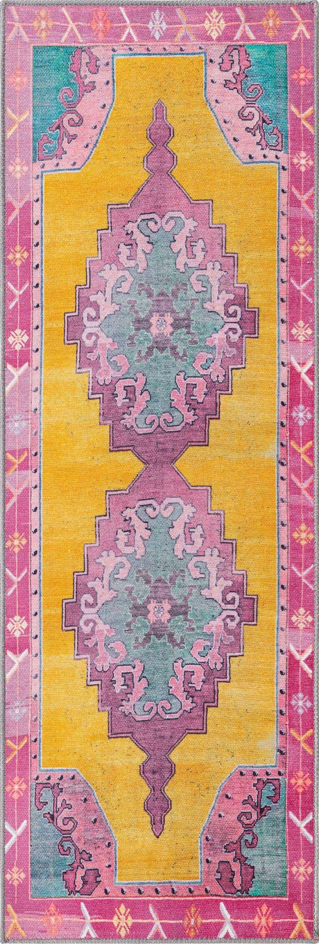 Washable Yellow 2' x 6' Timeless Runner Area Rug Easy to Clean Stain Resistant & Durable Traditional Classic Vintage Design Carpet for Sale at Rug Engine