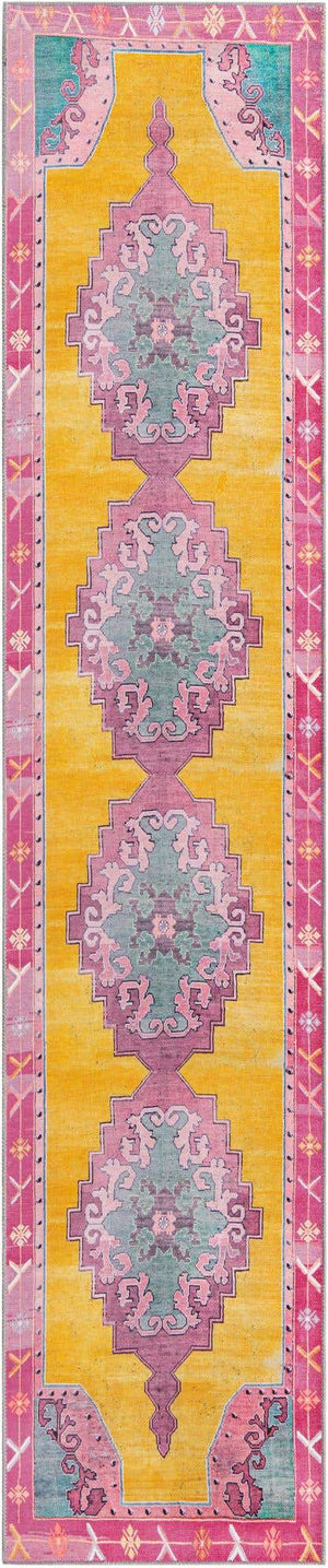 Washable Yellow 2' 6 x 12' Timeless Runner Area Rug Easy to Clean Stain Resistant & Durable Traditional Classic Vintage Design Carpet for Sale at Rug Engine