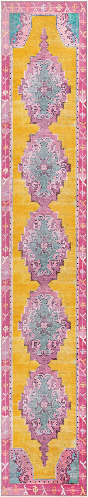 Washable Yellow 2' 6 x 14' Timeless Runner Area Rug Easy to Clean Stain Resistant & Durable Traditional Classic Vintage Design Carpet for Sale at Rug Engine