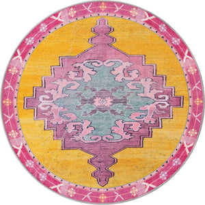 Washable Yellow 3' 6 x 3' 6 Timeless Round Area Rug Easy to Clean Stain Resistant & Durable Traditional Classic Vintage Design Carpet for Sale at Rug Engine