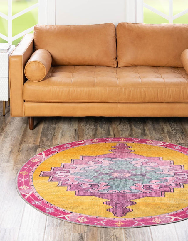 Washable Yellow 3' 6 x 3' 6 Timeless Round Area Rug Easy to Clean Stain Resistant & Durable Traditional Classic Vintage Design Carpet for Sale at Rug Engine