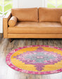 Washable Yellow 5' x 5' Timeless Round Area Rug Easy to Clean Stain Resistant & Durable Traditional Classic Vintage Design Carpet for Sale at Rug Engine