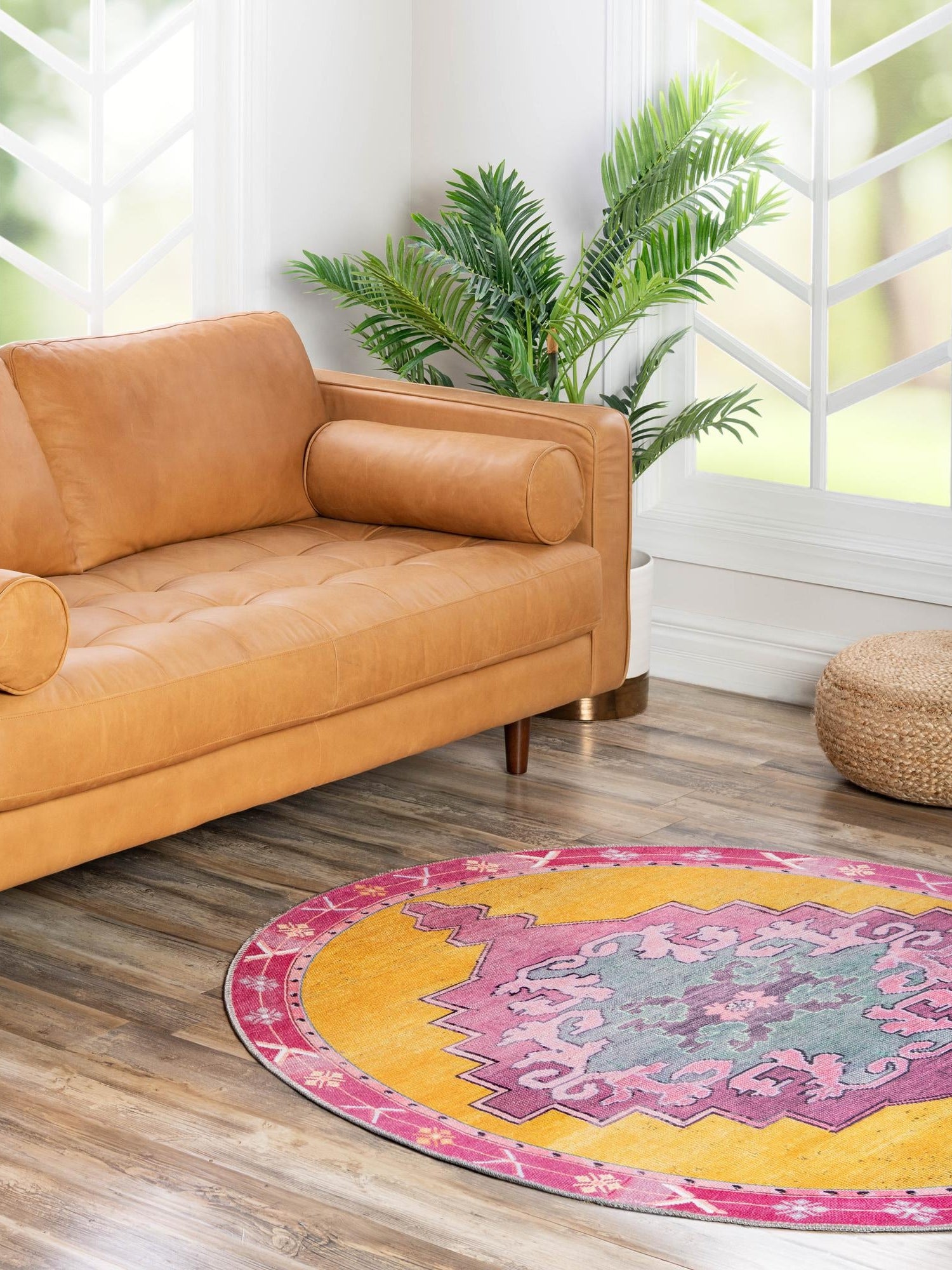 Washable Yellow 7' 7 x 7' 7 Timeless Round Area Rug Easy to Clean Stain Resistant & Durable Traditional Classic Vintage Design Carpet for Sale at Rug Engine