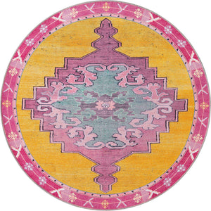 Washable Yellow 5' x 5' Timeless Round Area Rug Easy to Clean Stain Resistant & Durable Traditional Classic Vintage Design Carpet for Sale at Rug Engine