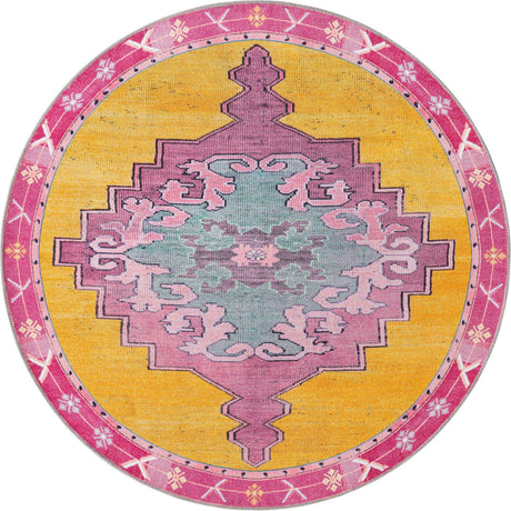 Washable Yellow 5' x 5' Timeless Round Area Rug Easy to Clean Stain Resistant & Durable Traditional Classic Vintage Design Carpet for Sale at Rug Engine