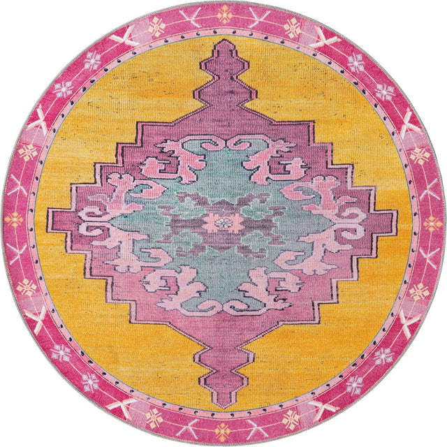 Washable Yellow 5' x 5' Timeless Round Area Rug Easy to Clean Stain Resistant & Durable Traditional Classic Vintage Design Carpet for Sale at Rug Engine