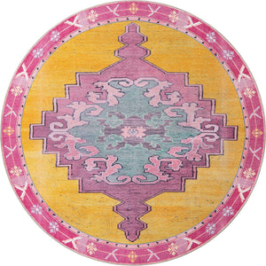 Washable Yellow 7' 7 x 7' 7 Timeless Round Area Rug Easy to Clean Stain Resistant & Durable Traditional Classic Vintage Design Carpet for Sale at Rug Engine