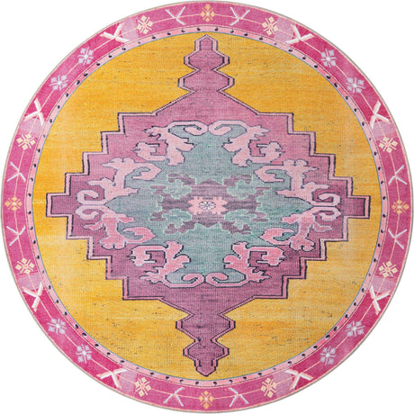 Washable Yellow 7' 7 x 7' 7 Timeless Round Area Rug Easy to Clean Stain Resistant & Durable Traditional Classic Vintage Design Carpet for Sale at Rug Engine