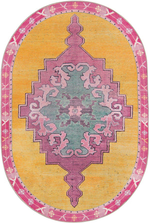 Washable Yellow 4' x 6' Timeless Oval Area Rug Easy to Clean Stain Resistant & Durable Traditional Classic Vintage Design Carpet for Sale at Rug Engine