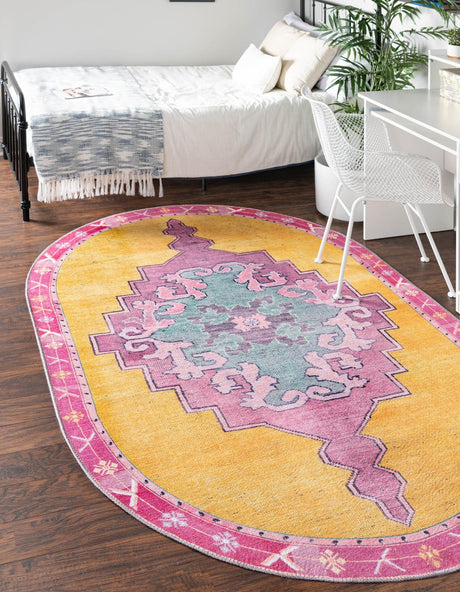 Washable Yellow 7' 6 x 10' 6 Timeless Oval Area Rug Easy to Clean Stain Resistant & Durable Traditional Classic Vintage Design Carpet for Sale at Rug Engine