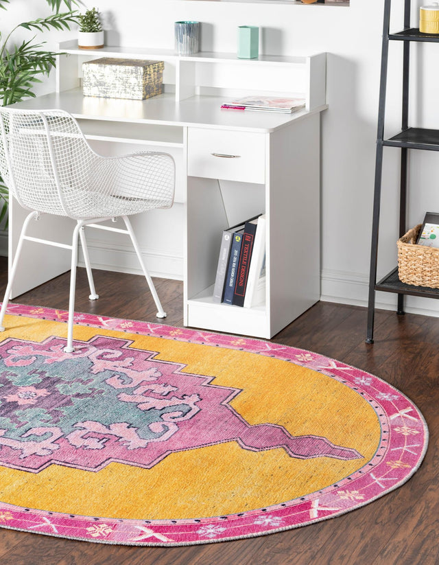 Washable Yellow 7' 6 x 10' 6 Timeless Oval Area Rug Easy to Clean Stain Resistant & Durable Traditional Classic Vintage Design Carpet for Sale at Rug Engine