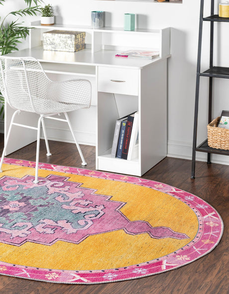 Washable Yellow 4' x 6' Timeless Oval Area Rug Easy to Clean Stain Resistant & Durable Traditional Classic Vintage Design Carpet for Sale at Rug Engine