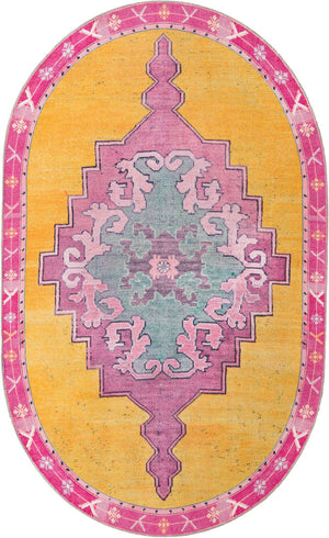 Washable Yellow 5' x 8' Timeless Oval Area Rug Easy to Clean Stain Resistant & Durable Traditional Classic Vintage Design Carpet for Sale at Rug Engine