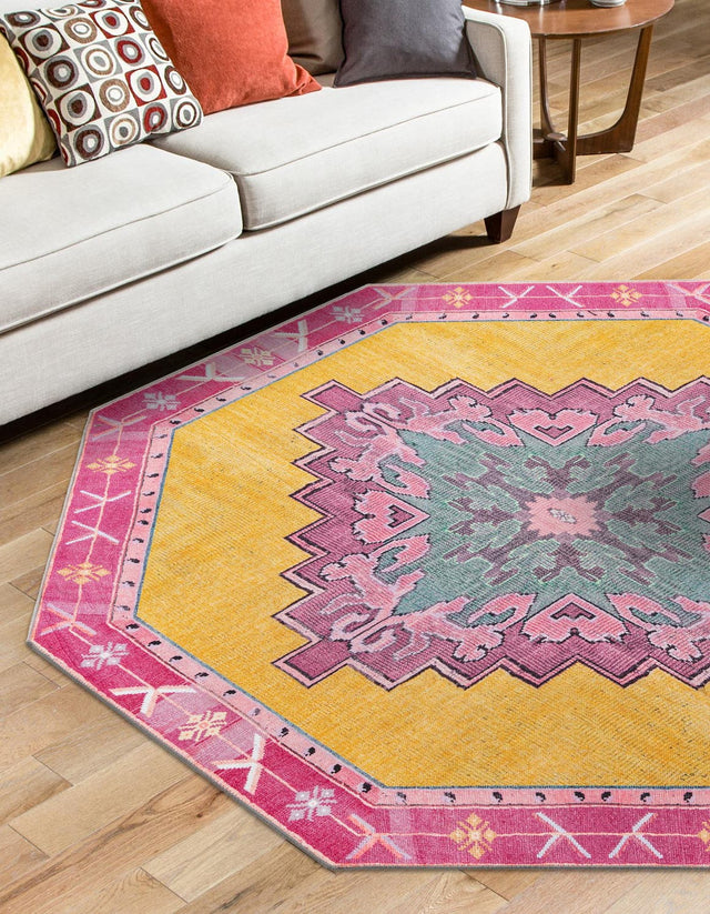Washable Yellow 5' x 5' Timeless Octagon Area Rug Easy to Clean Stain Resistant & Durable Traditional Classic Vintage Design Carpet for Sale at Rug Engine