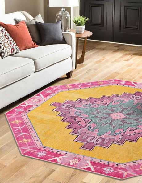Washable Yellow 7' 6 x 7' 6 Timeless Octagon Area Rug Easy to Clean Stain Resistant & Durable Traditional Classic Vintage Design Carpet for Sale at Rug Engine