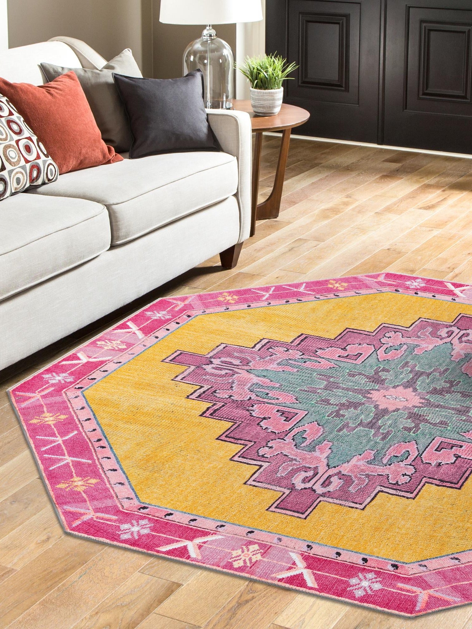 Washable Yellow 5' x 5' Timeless Octagon Area Rug Easy to Clean Stain Resistant & Durable Traditional Classic Vintage Design Carpet for Sale at Rug Engine