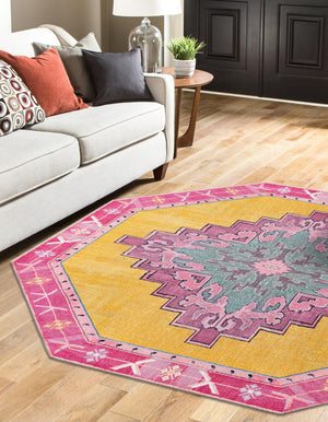 Washable Yellow 5' x 5' Timeless Octagon Area Rug Easy to Clean Stain Resistant & Durable Traditional Classic Vintage Design Carpet for Sale at Rug Engine
