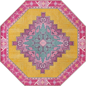 Washable Yellow 5' x 5' Timeless Octagon Area Rug Easy to Clean Stain Resistant & Durable Traditional Classic Vintage Design Carpet for Sale at Rug Engine