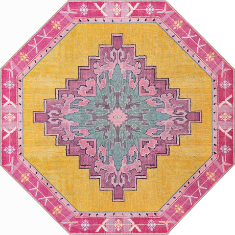 Washable Yellow 7' 6 x 7' 6 Timeless Octagon Area Rug Easy to Clean Stain Resistant & Durable Traditional Classic Vintage Design Carpet for Sale at Rug Engine