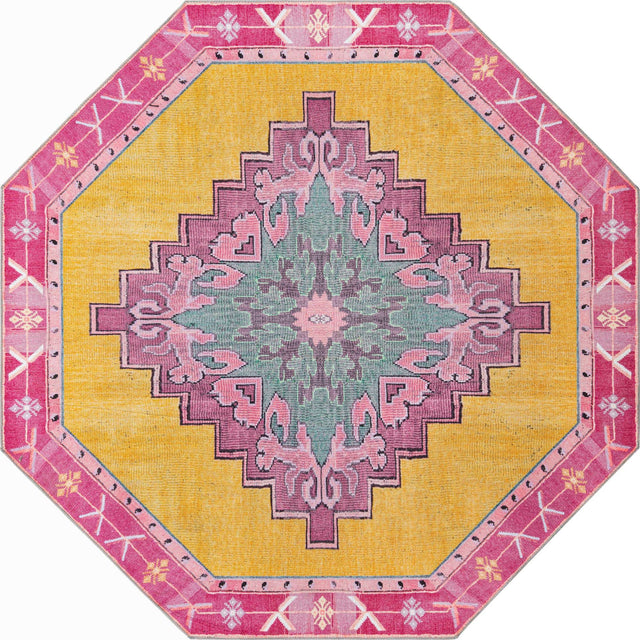 Washable Yellow 7' 6 x 7' 6 Timeless Octagon Area Rug Easy to Clean Stain Resistant & Durable Traditional Classic Vintage Design Carpet for Sale at Rug Engine