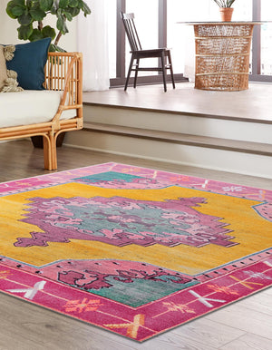 Washable Yellow 7' 6 x 7' 6 Timeless Square Area Rug Easy to Clean Stain Resistant & Durable Traditional Classic Vintage Design Carpet for Sale at Rug Engine