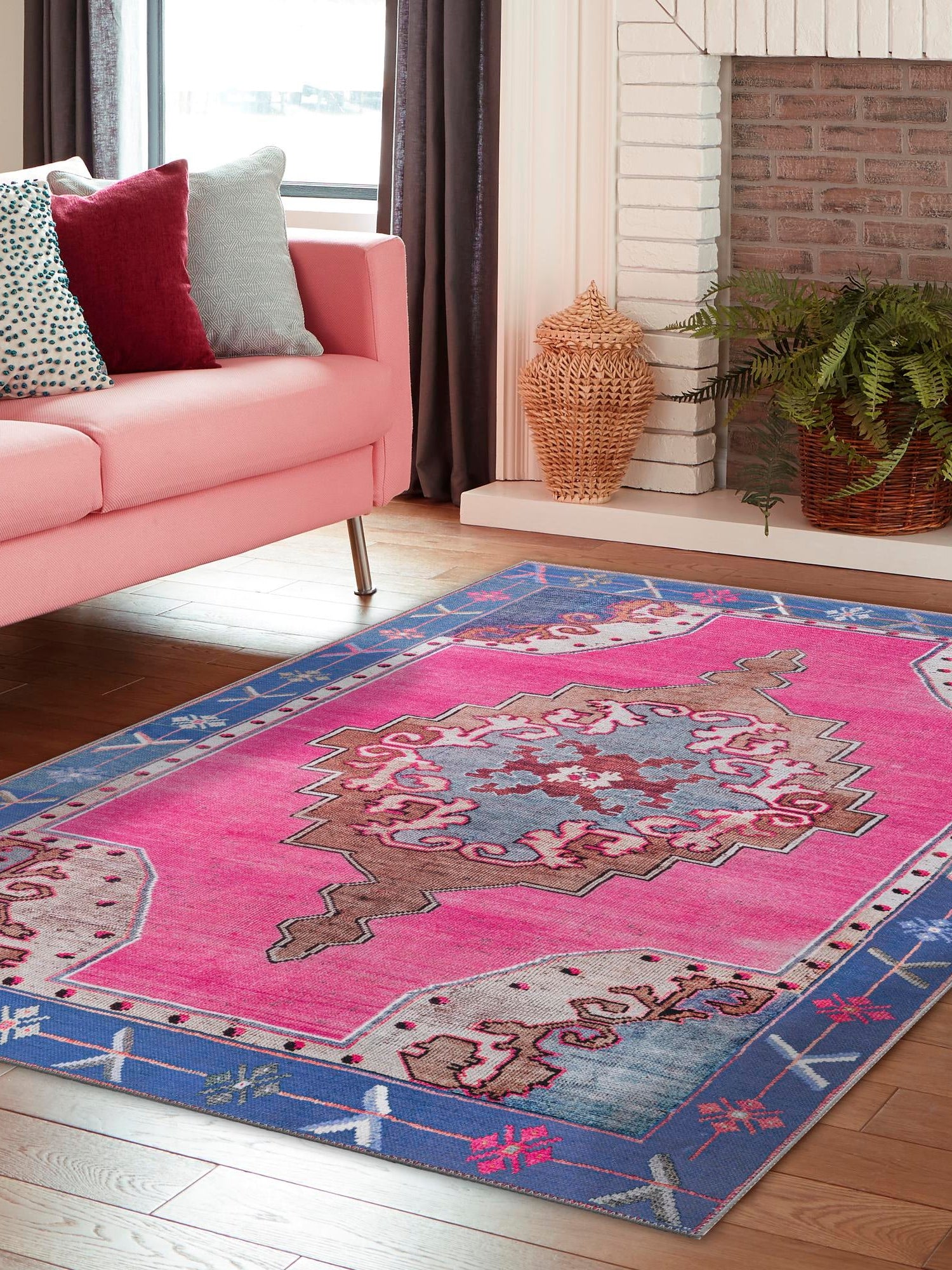 Washable Fuchsia 4' x 6' Timeless Rectangle Area Rug Easy to Clean Stain Resistant & Durable Traditional Classic Vintage Design Carpet for Sale at Rug Engine